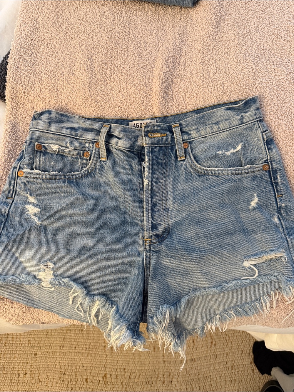Agolde Light Blue Distressed Denim Cutoff Shorts